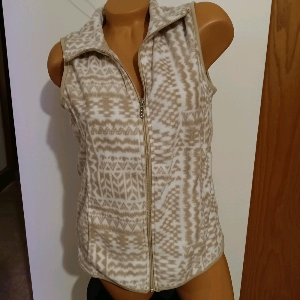 French Laundry Womens Cozy Tan-White Fleece Zip Up Print Vest - NWT Medium
